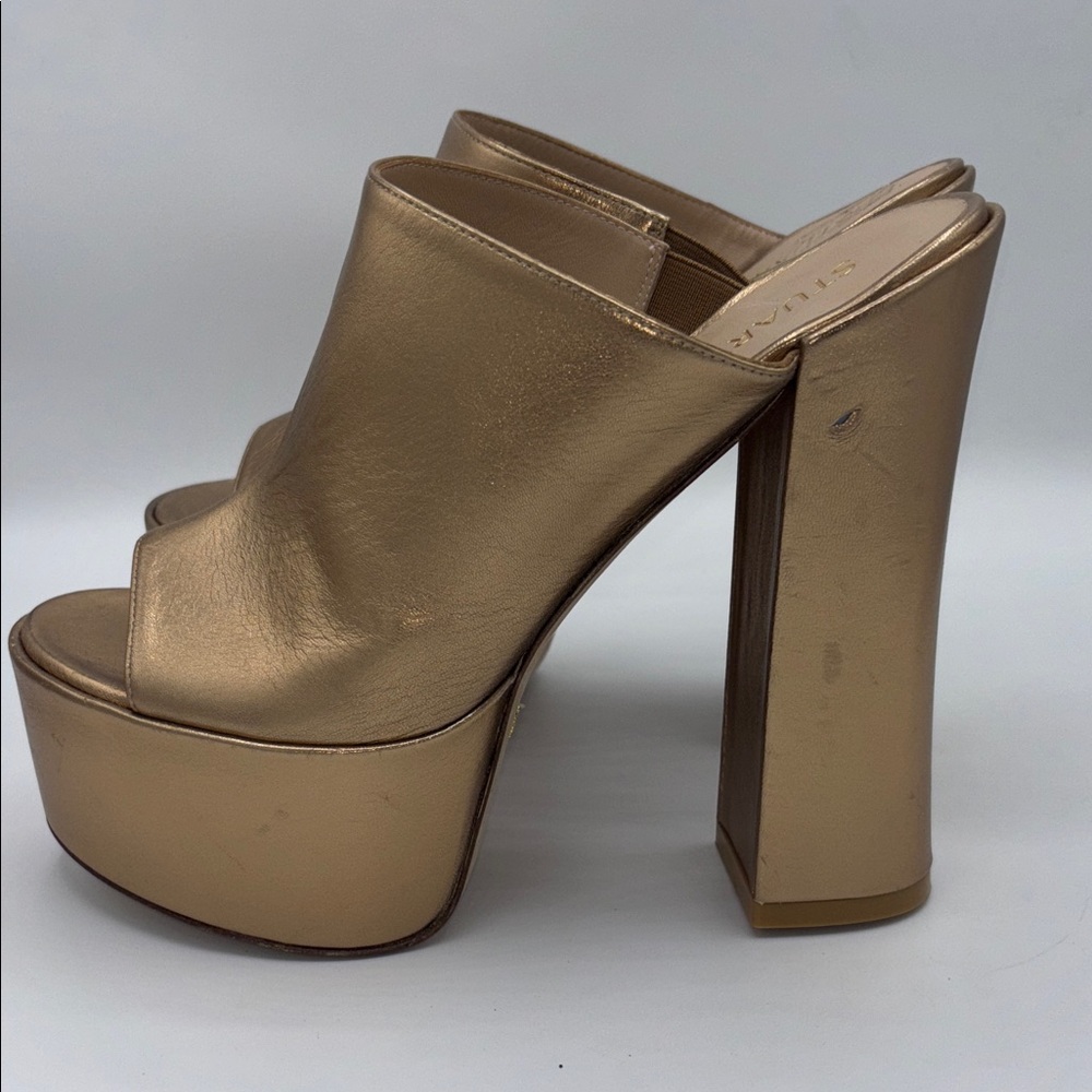 Stuart Weitzman Metallic Gold Mules SKYHIGH 145 Platform Slide Sandal Size 9 - Picture 5 of 13